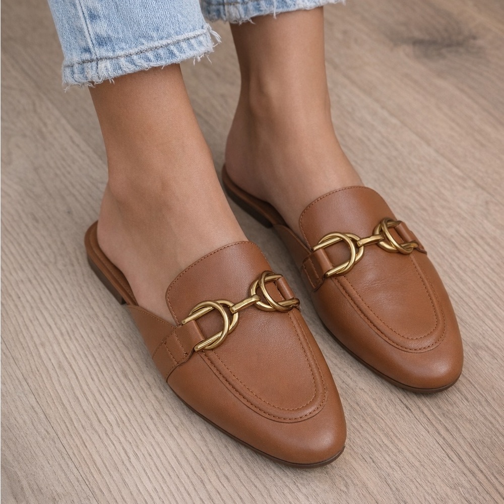 Zara women's mules loafers in a cognac with gold-tone buckle